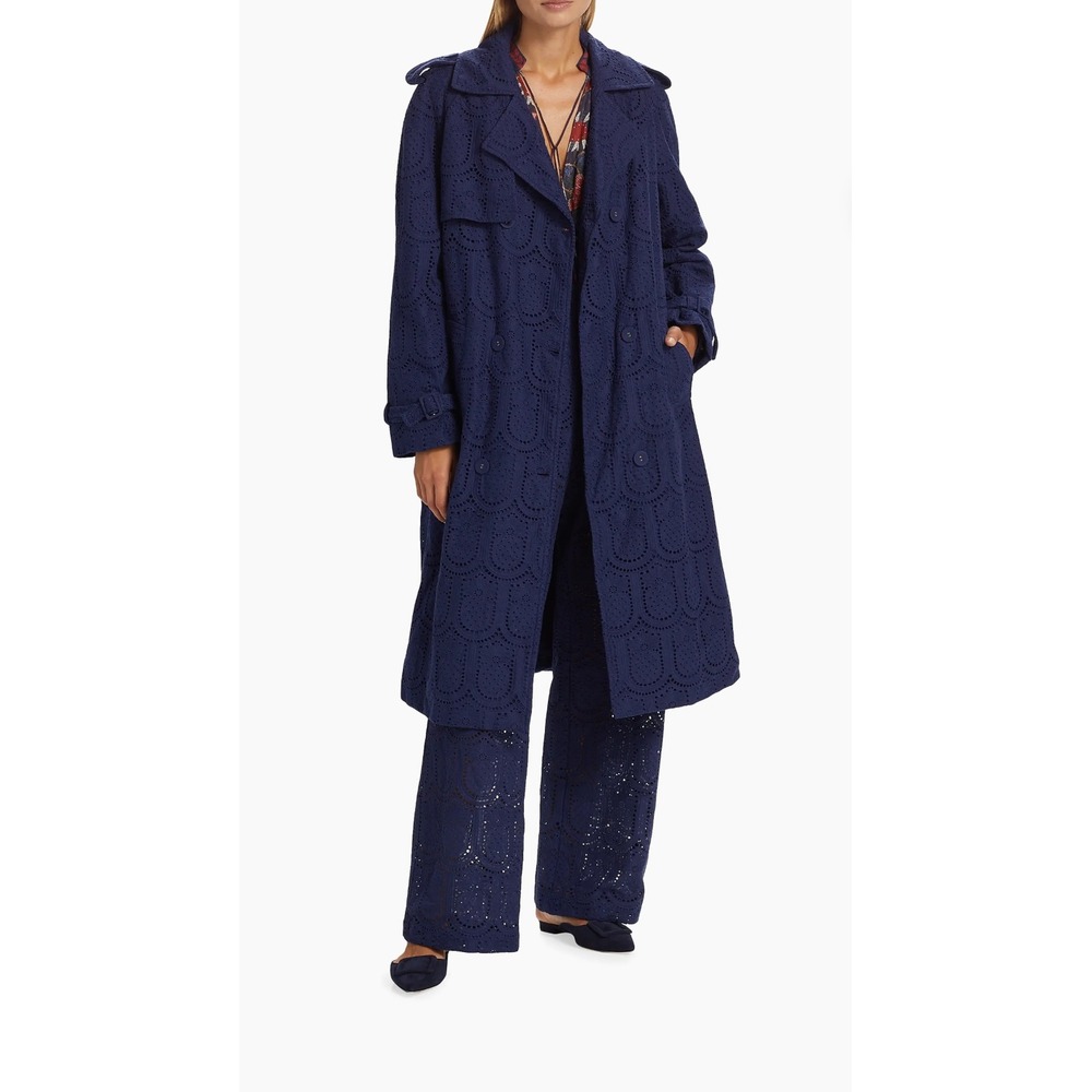 FARM Rio Navy Pineapple Cotton Eyelet Trench Coat Women's Medium‎ Fall Jacket